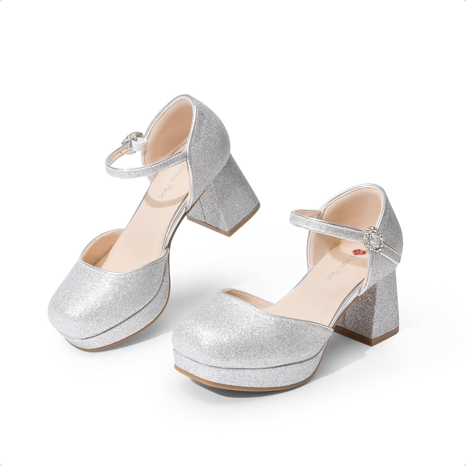 image:imageDREAM PAIRS Girls Dress Shoes Platform Square Toe High Heels Ankle Strap Party Wedding Flower Pump for Little Big KidSilver