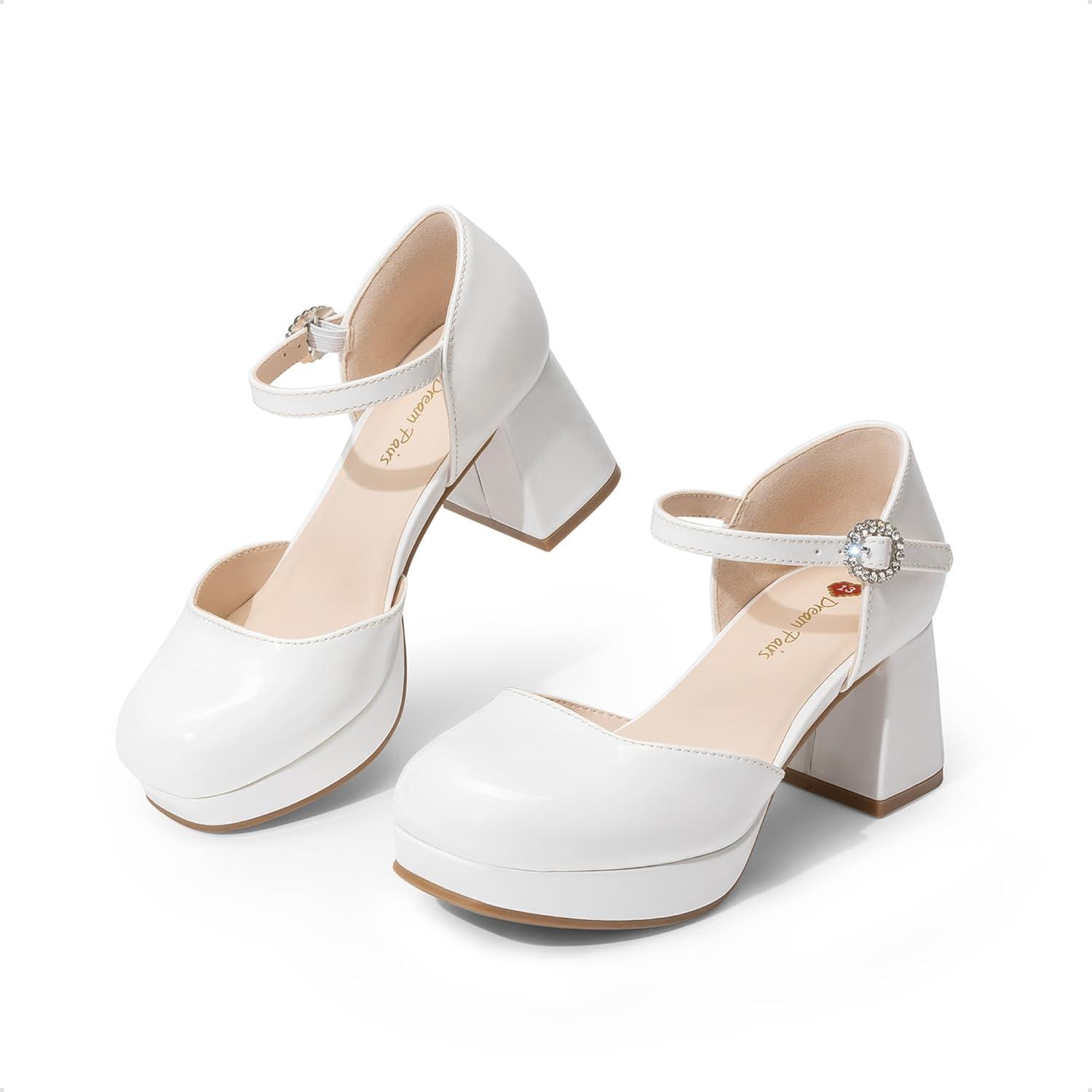 image:imageDREAM PAIRS Girls Dress Shoes Platform Square Toe High Heels Ankle Strap Party Wedding Flower Pump for Little Big KidWhite