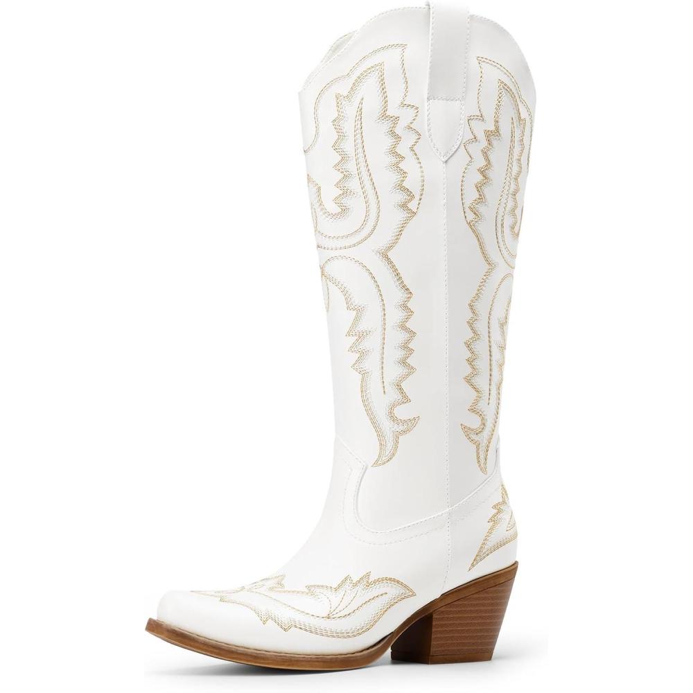 image:imageDREAM PAIRS Cowboy Knee High Boots for Women Western Retro Embroidered Cowgirl Boots Fashion Narrow Square Toe Comfortable Side Zipper Tall Boots for LadiesWhite