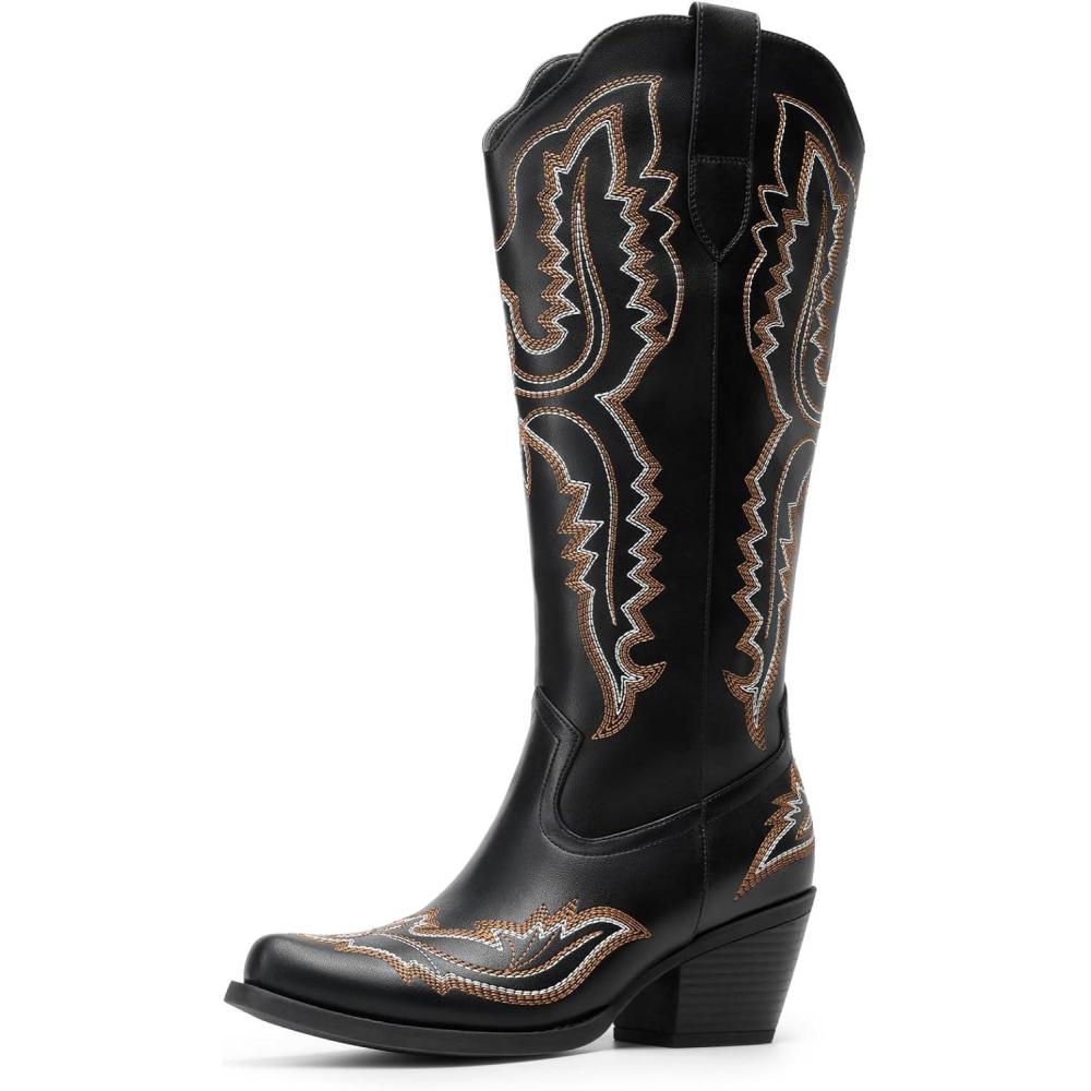 image:imageDREAM PAIRS Cowboy Knee High Boots for Women Western Retro Embroidered Cowgirl Boots Fashion Narrow Square Toe Comfortable Side Zipper Tall Boots for LadiesBlack