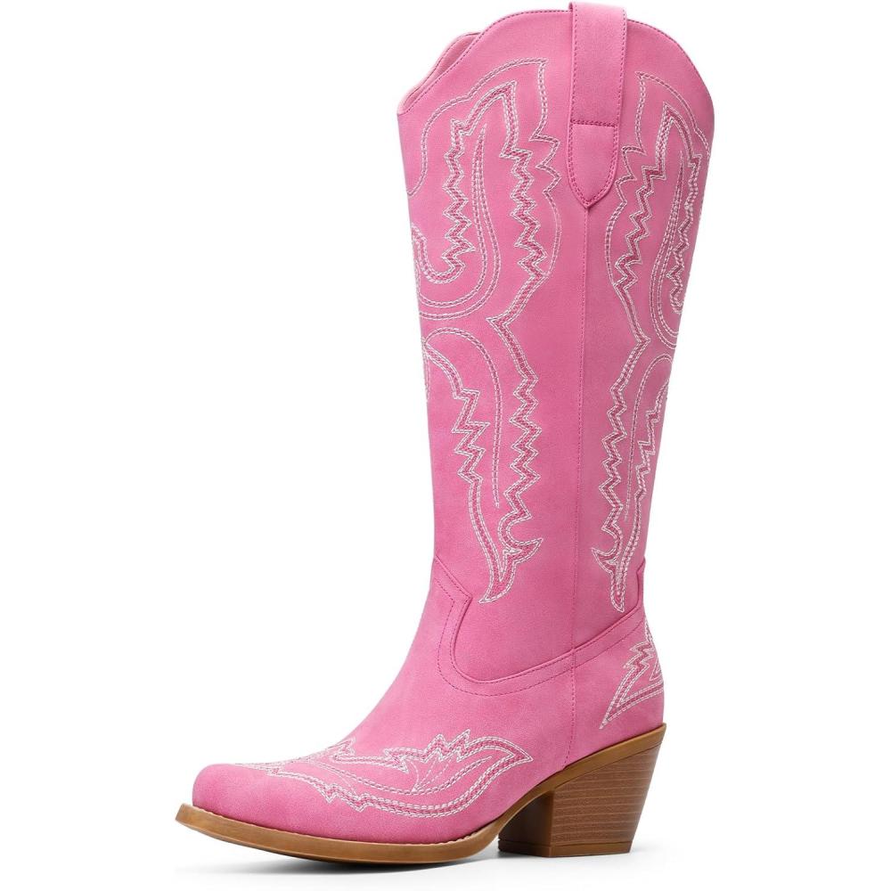 image:imageDREAM PAIRS Cowboy Knee High Boots for Women Western Retro Embroidered Cowgirl Boots Fashion Narrow Square Toe Comfortable Side Zipper Tall Boots for LadiesHot Pink
