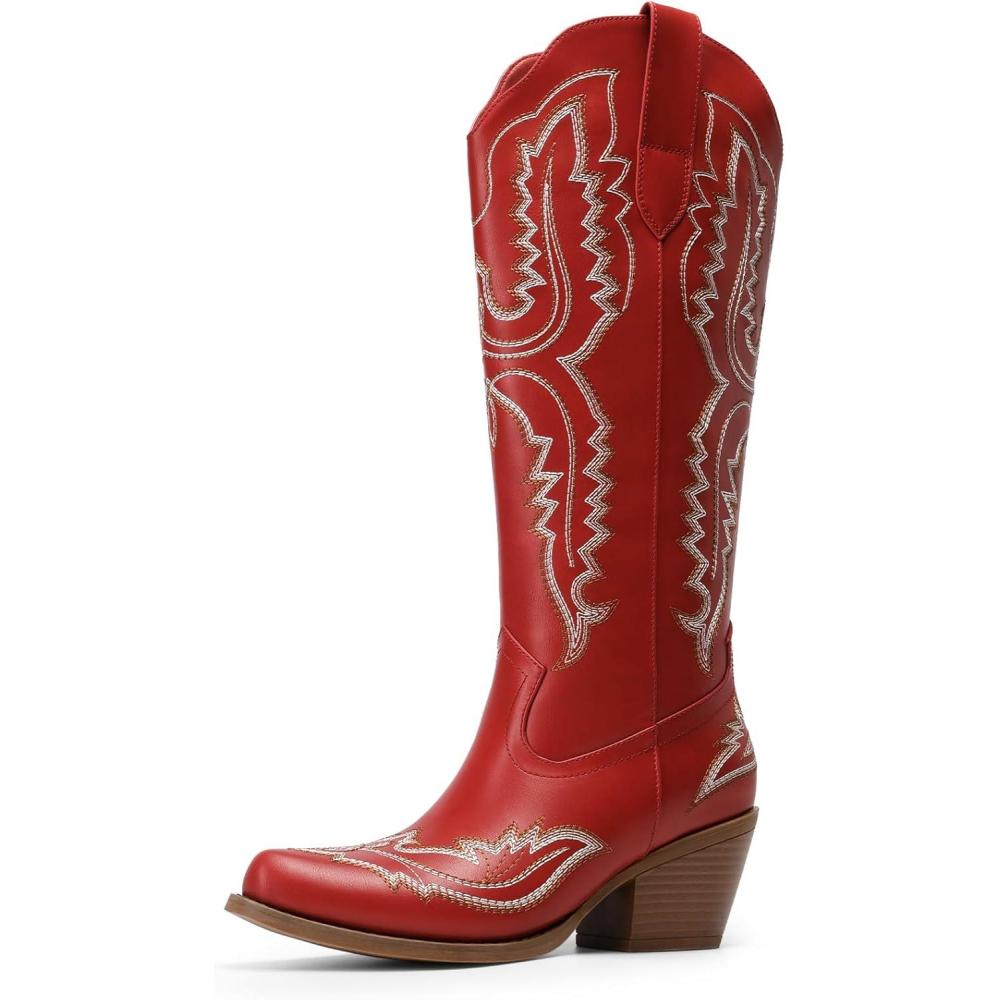image:imageDREAM PAIRS Cowboy Knee High Boots for Women Western Retro Embroidered Cowgirl Boots Fashion Narrow Square Toe Comfortable Side Zipper Tall Boots for LadiesRed