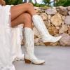 DREAM PAIRS Cowboy Knee High Boots for Women Western Retro Embroidered Cowgirl Boots Fashion Narrow Square Toe Comfortable Side Zipper Tall Boots for Ladies(White)