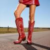 DREAM PAIRS Cowboy Knee High Boots for Women Western Retro Embroidered Cowgirl Boots Fashion Narrow Square Toe Comfortable Side Zipper Tall Boots for Ladies(Red)
