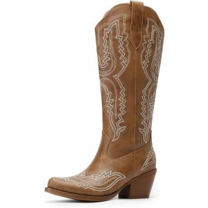DREAM PAIRS Cowboy Knee High Boots for Women Western Retro Embroidered Cowgirl Boots Fashion Narrow Square Toe Comfortable Side Zipper Tall Boots for Ladies(Brown)
