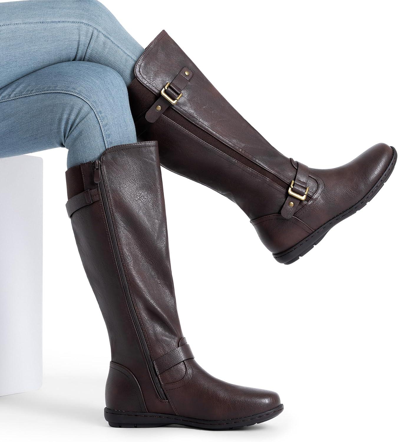 image:imageDREAM PAIRS Womens Wide Calf Knee High Faux FurLined Flat Fashion Winter Boots with Side ZipperBrown