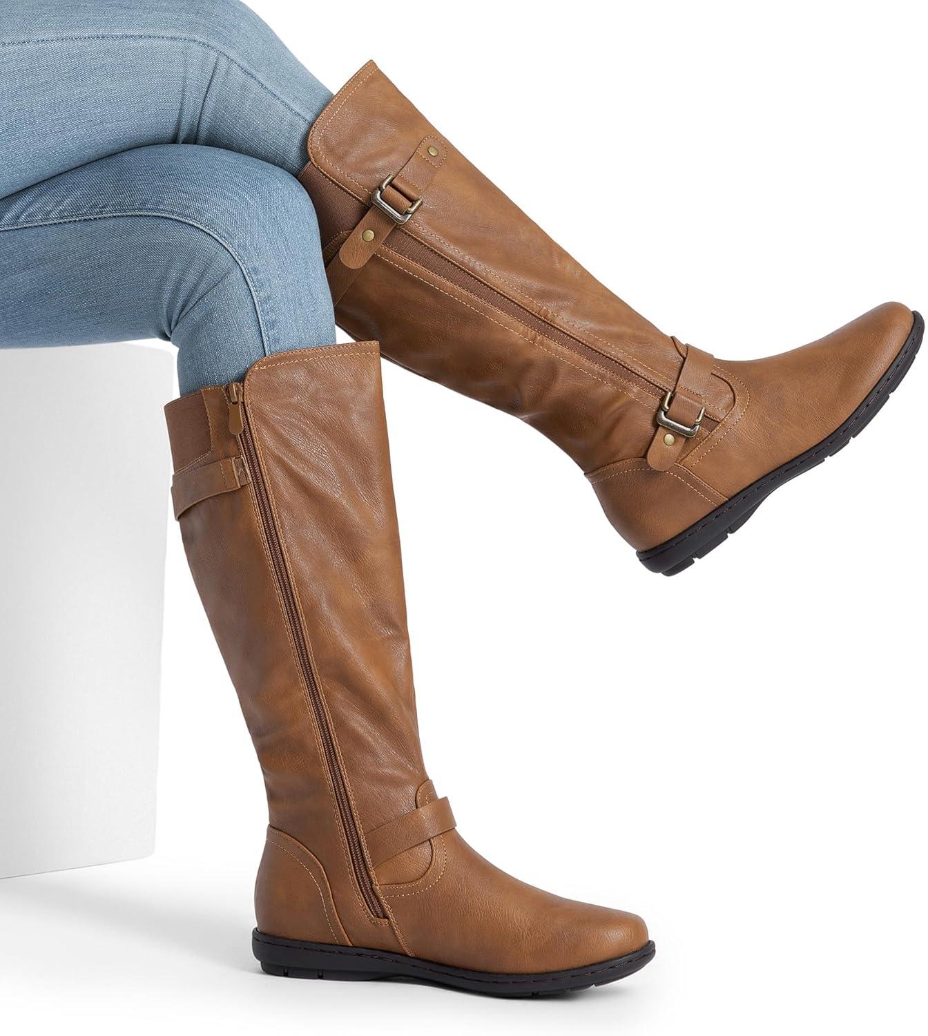 image:imageDREAM PAIRS Womens Wide Calf Knee High Faux FurLined Flat Fashion Winter Boots with Side ZipperCamel