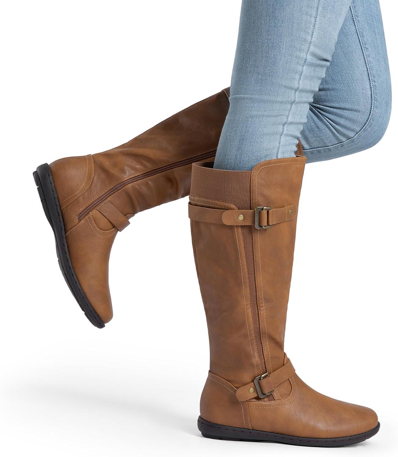 image:imageDREAM PAIRS Womens Wide Calf Knee High Faux FurLined Flat Fashion Winter Boots with Side ZipperTracewidecalfcamel