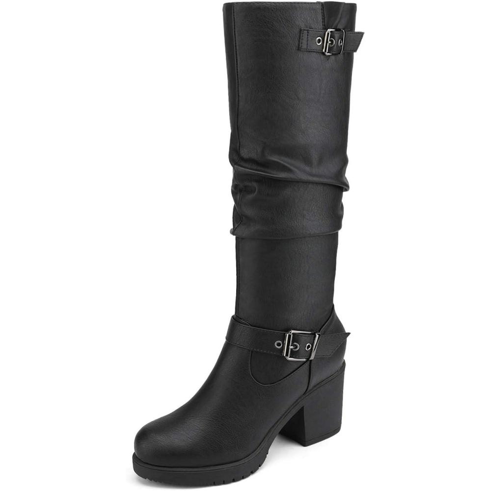 image:imageDREAM PAIRS Womens Chunky Heel Knee High Boots Side Zipper Round Toe Boots with Faux Fur LiningBlack