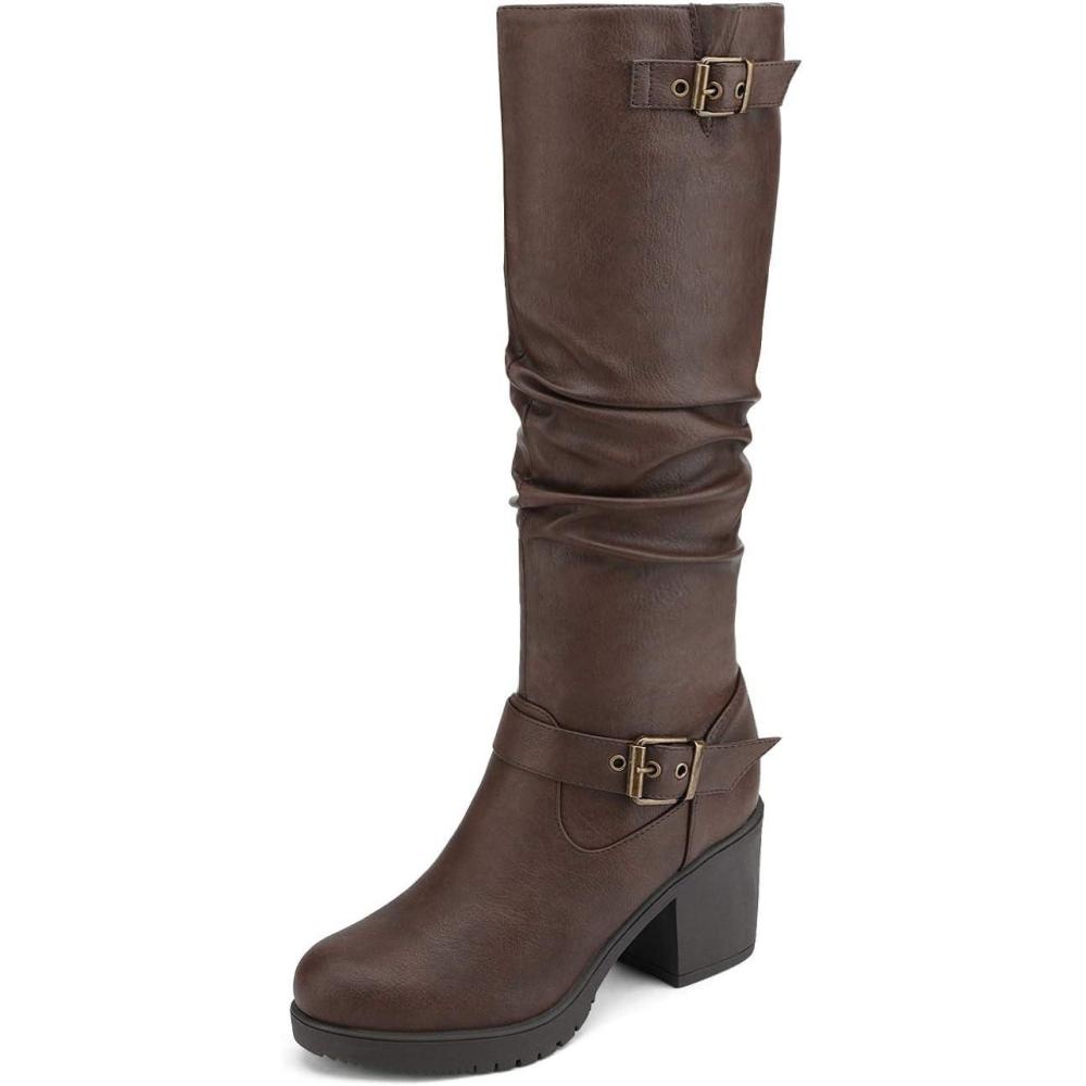 image:imageDREAM PAIRS Womens Chunky Heel Knee High Boots Side Zipper Round Toe Boots with Faux Fur LiningBrown
