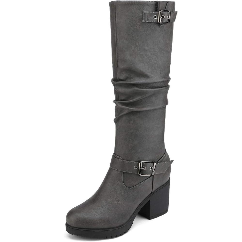 image:imageDREAM PAIRS Womens Chunky Heel Knee High Boots Side Zipper Round Toe Boots with Faux Fur LiningGrey