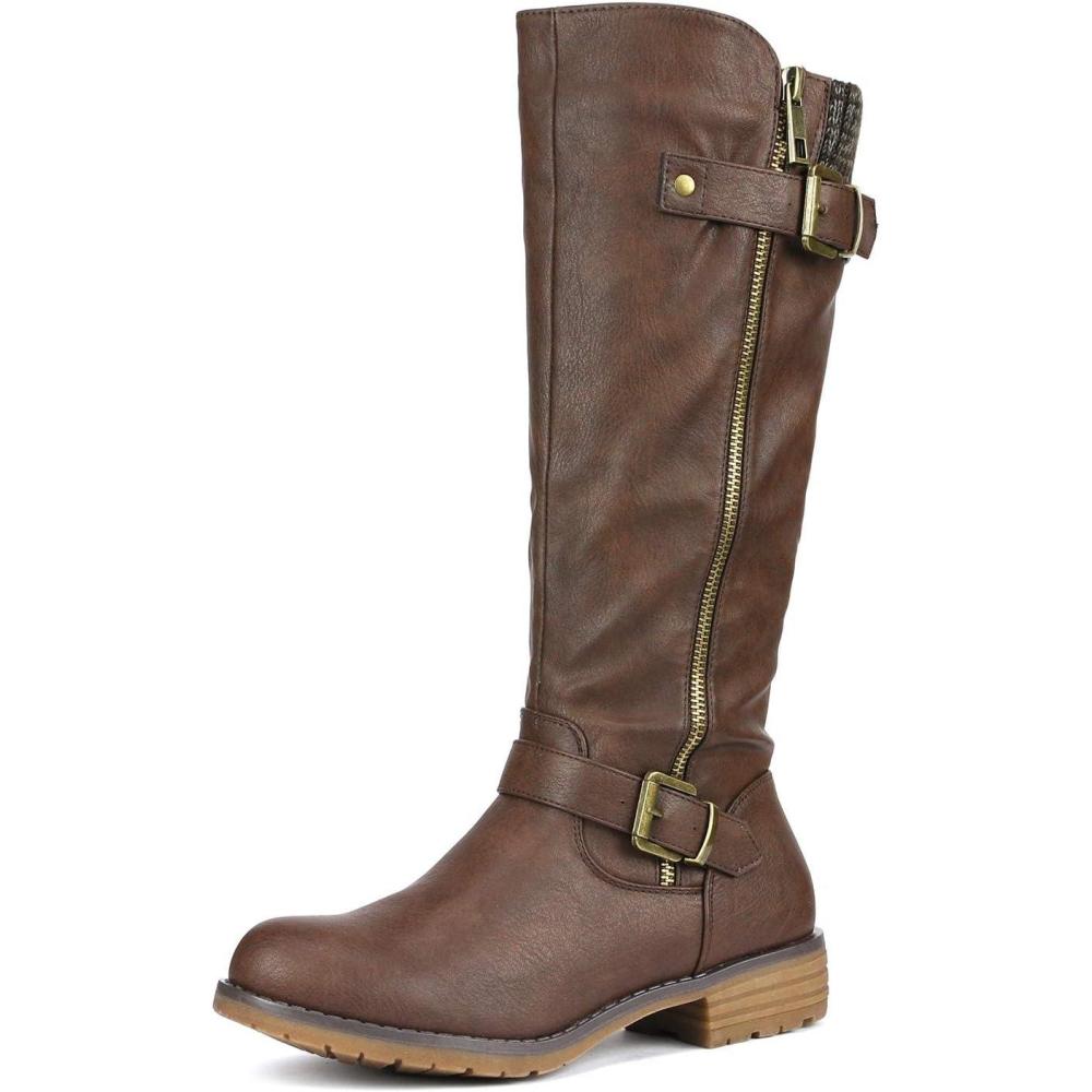 image:imageDREAM PAIRS Womens Knee High Boots Comfortable Riding Boots Side Zipper Fall Boots with BuckleBrown