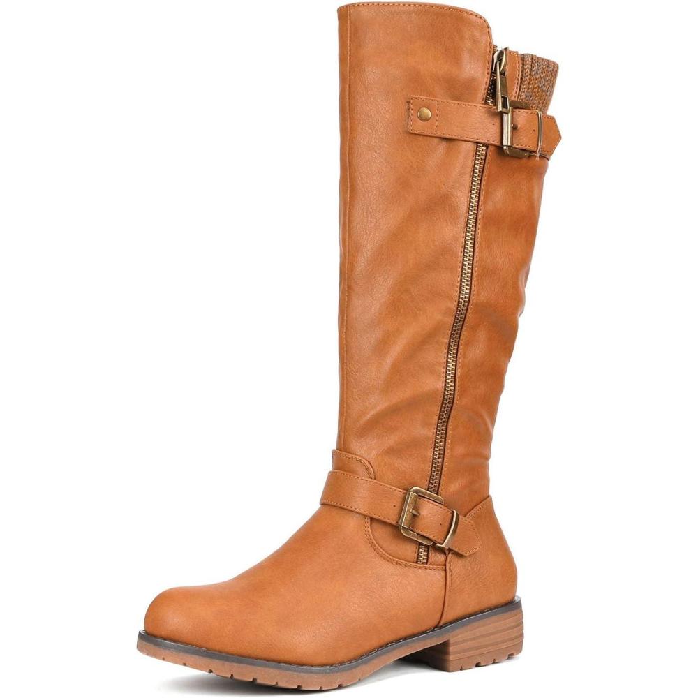 image:imageDREAM PAIRS Womens Knee High Boots Comfortable Riding Boots Side Zipper Fall Boots with BuckleCamel
