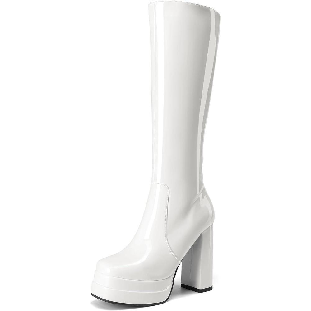 image:imageDREAM PAIRS Womens Platform Heeled Knee High Boots Long Chunky Tall Gogo Boots for FallWhitepat