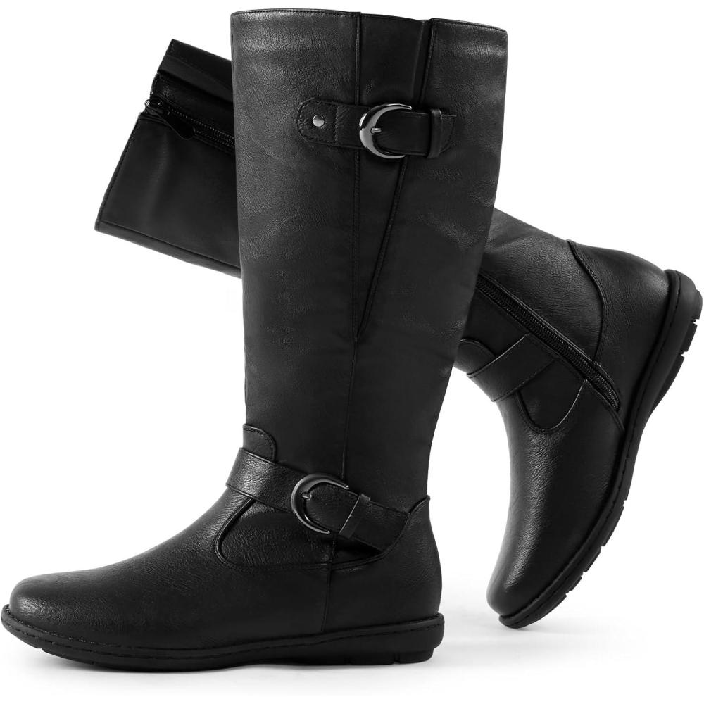 image:imageDREAM PAIRS Womens Wide Calf Knee High Faux FurLined Flat Fashion Winter Boots with Side ZipperWideCalfBlack
