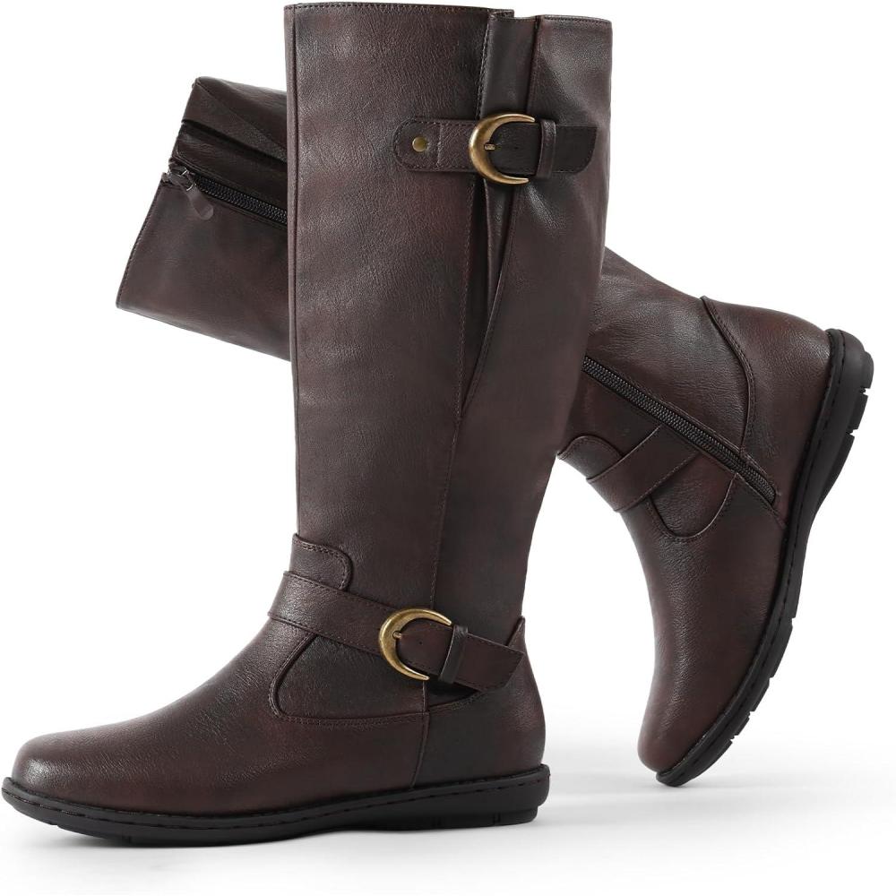 image:imageDREAM PAIRS Womens Wide Calf Knee High Faux FurLined Flat Fashion Winter Boots with Side ZipperWideCalfBrown