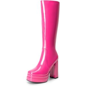 DREAM PAIRS Women’s Platform Heeled Knee High Boots, Long Chunky Tall Gogo Boots for Fall(Hot Pink-pat)