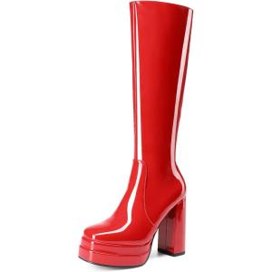 DREAM PAIRS Women’s Platform Heeled Knee High Boots, Long Chunky Tall Gogo Boots for Fall(Red-pat)