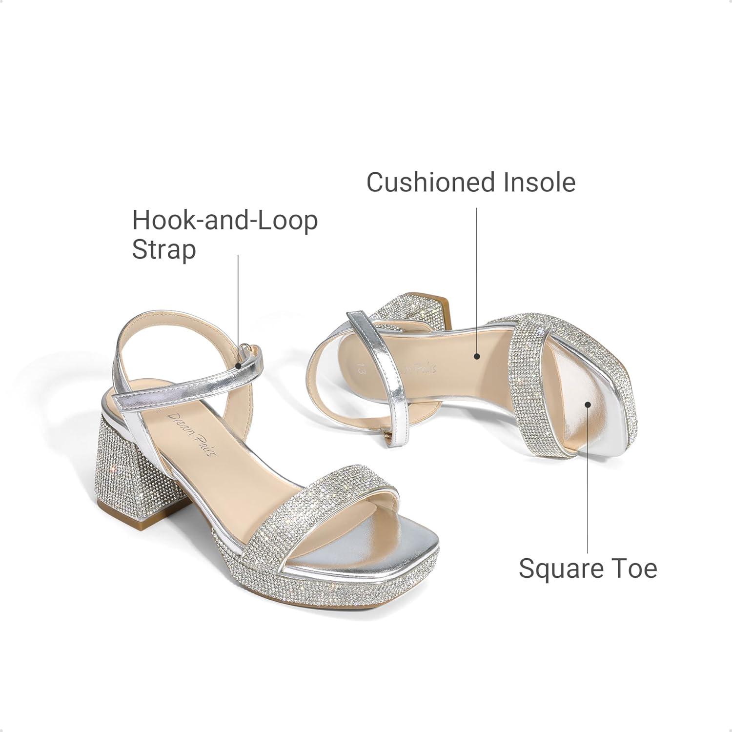 image:imageDREAM PAIRS Girls Sandals Open Toe Low Block Chunky Heels Sandals Party Dress Pumps Shoes for Little Big KidAll Silver Metallic