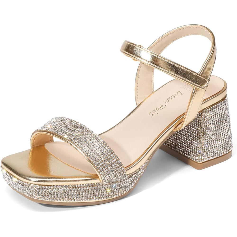 image:imageDREAM PAIRS Girls Sandals Open Toe Low Block Chunky Heels Sandals Party Dress Pumps Shoes for Little Big KidAll Gold Metallic