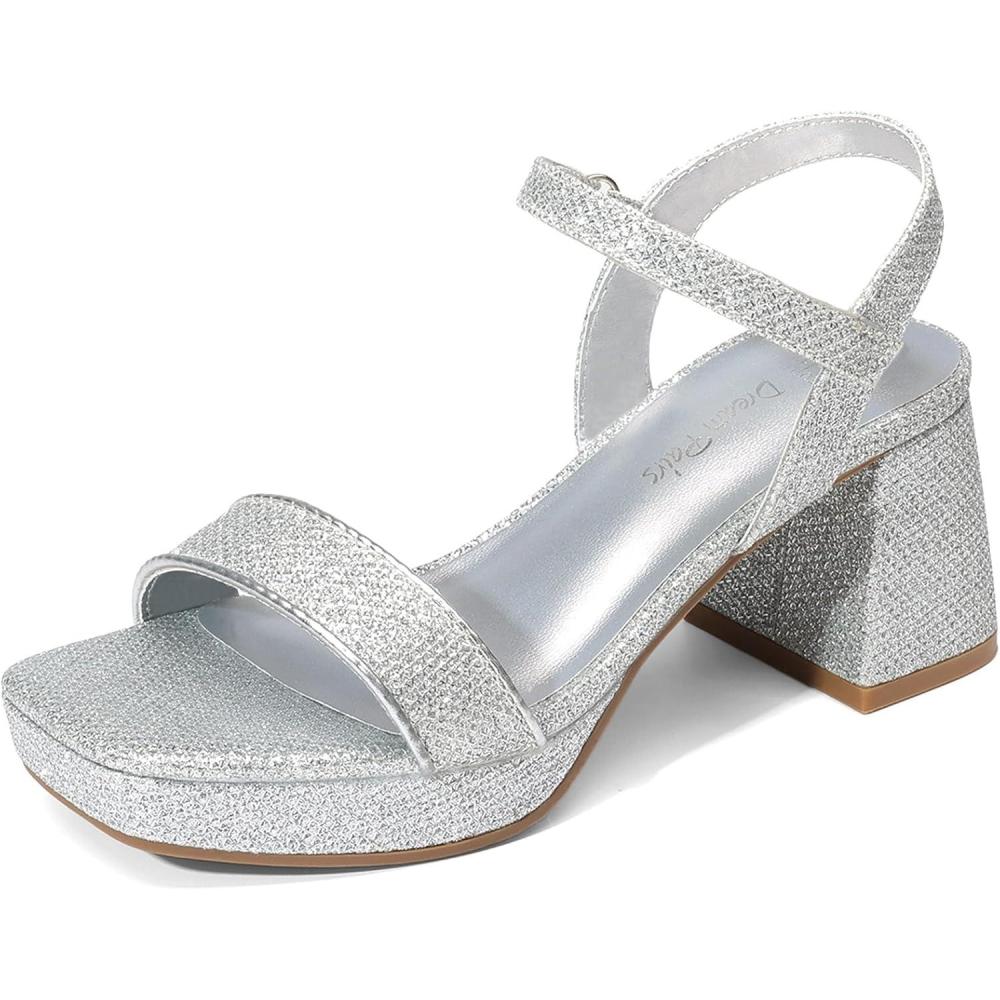 image:imageDREAM PAIRS Girls Sandals Open Toe Low Block Chunky Heels Sandals Party Dress Pumps Shoes for Little Big KidAll Silver Glitter
