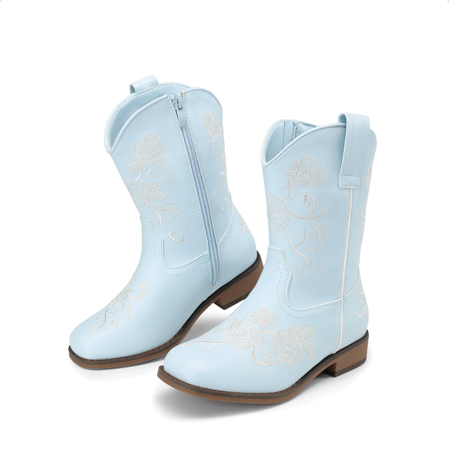 image:imageDREAM PAIRS Girls Cowboy Boots Floral Embroidered Classic Western Cowgirl Boots Square Toe Mid Calf Side Zipper Horsing Party ToddlerLittleBig KidsLight Blue