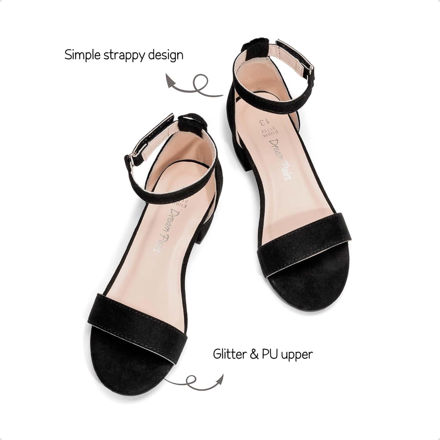 image:imageDREAM PAIRS Girls Sandals Low Heel Dress Pump Ankle Strap Flower Wedding Party Shoes for Little KidBig KidBlacksuede