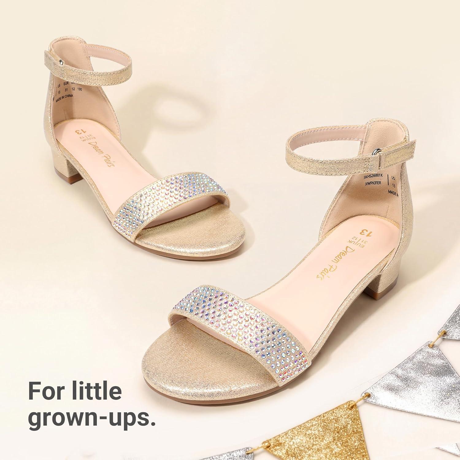 image:imageDREAM PAIRS Girls Sandals Low Heel Dress Pump Ankle Strap Flower Wedding Party Shoes for Little KidBig KidGold
