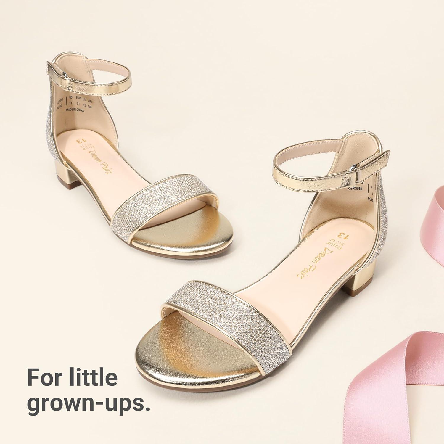 image:imageDREAM PAIRS Girls Sandals Low Heel Dress Pump Ankle Strap Flower Wedding Party Shoes for Little KidBig KidGoldglitter