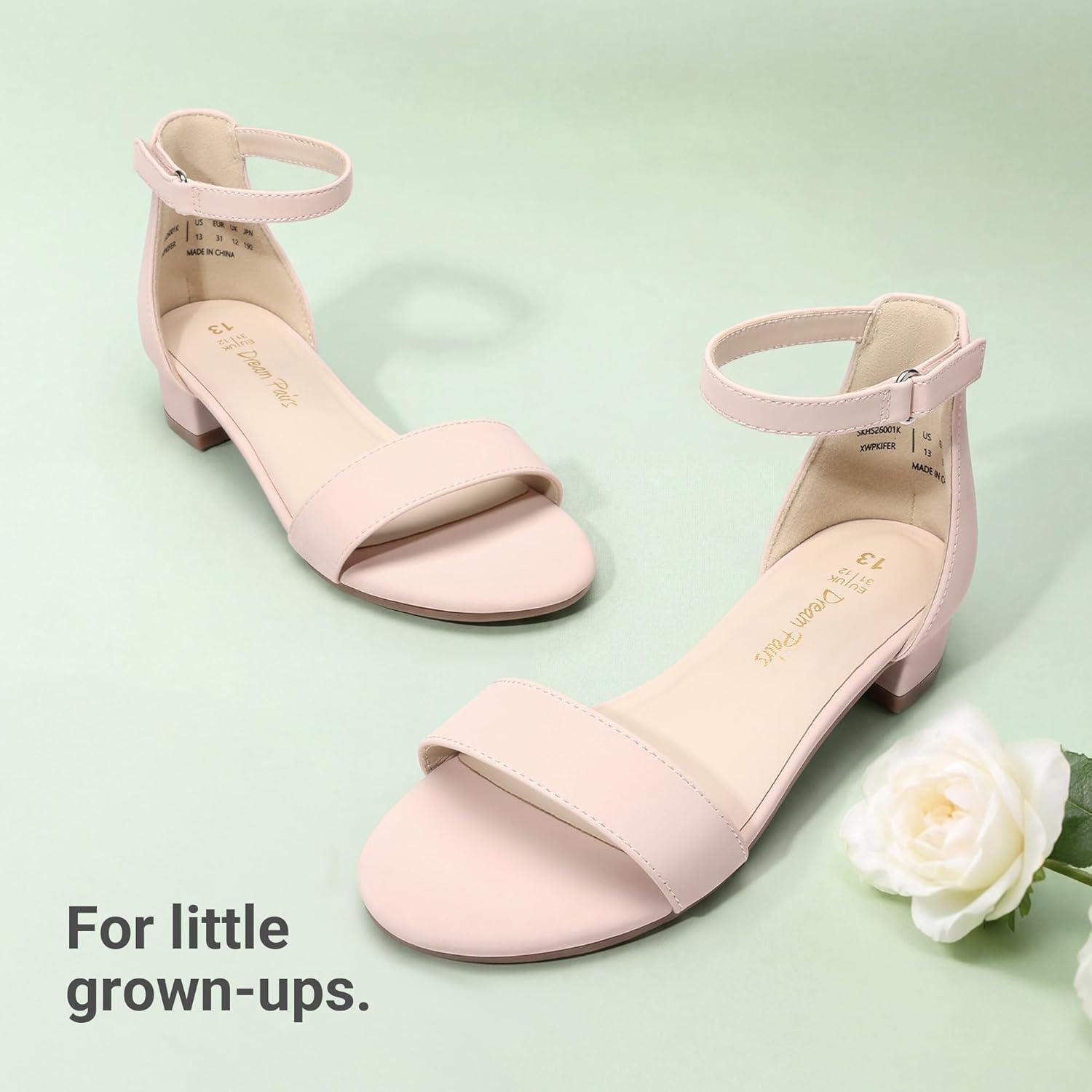 image:imageDREAM PAIRS Girls Sandals Low Heel Dress Pump Ankle Strap Flower Wedding Party Shoes for Little KidBig KidNude