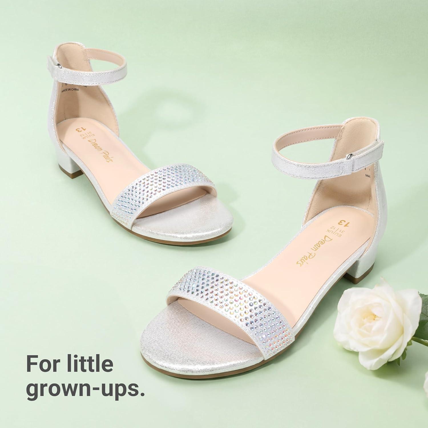 image:imageDREAM PAIRS Girls Sandals Low Heel Dress Pump Ankle Strap Flower Wedding Party Shoes for Little KidBig KidSilver