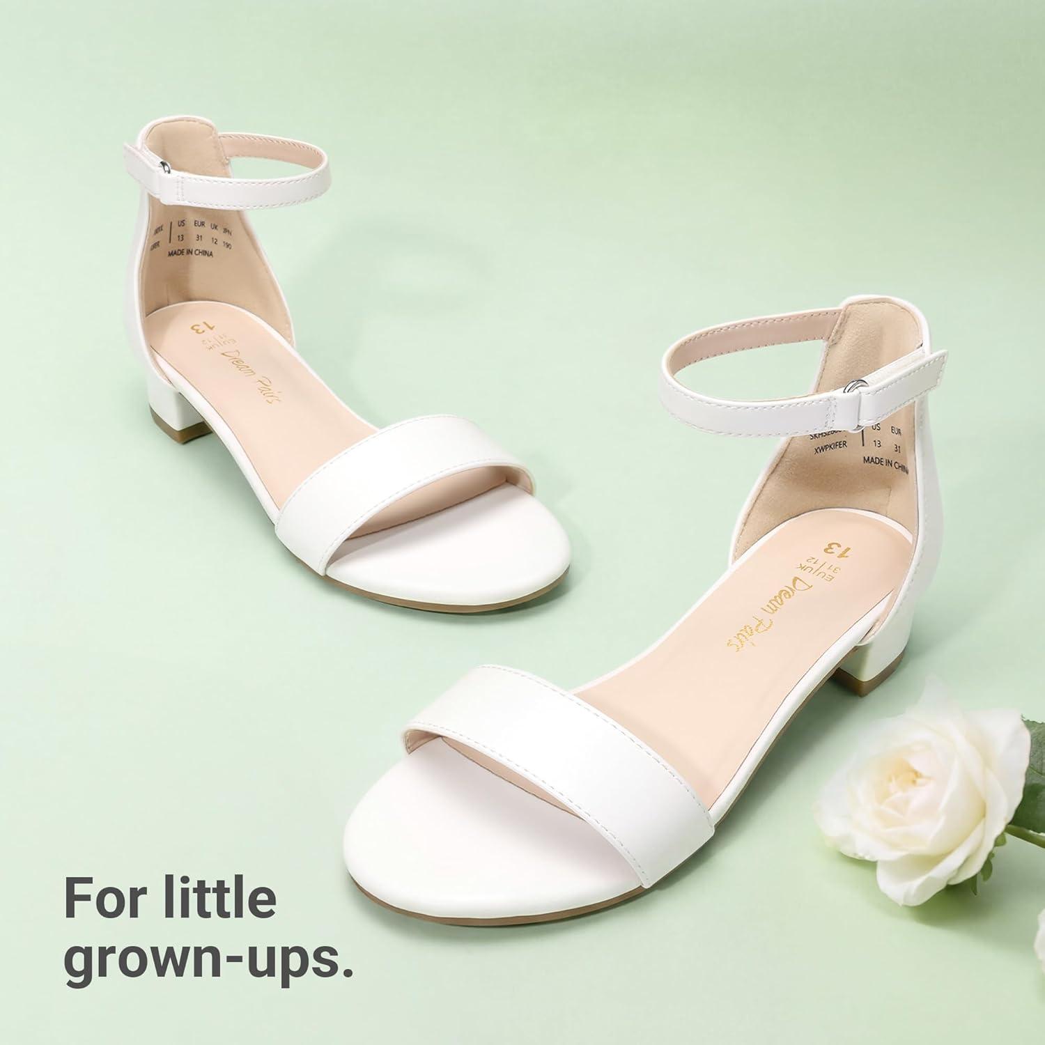 image:imageDREAM PAIRS Girls Sandals Low Heel Dress Pump Ankle Strap Flower Wedding Party Shoes for Little KidBig KidWhite