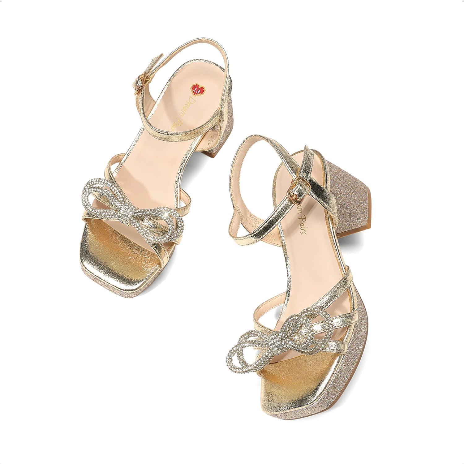image:imageDREAM PAIRS Girls Sandals Open Toe Low Block Chunky Heels Sandals Bow Flower Party Dress Pumps Shoes for Little Big KidGoldglitter