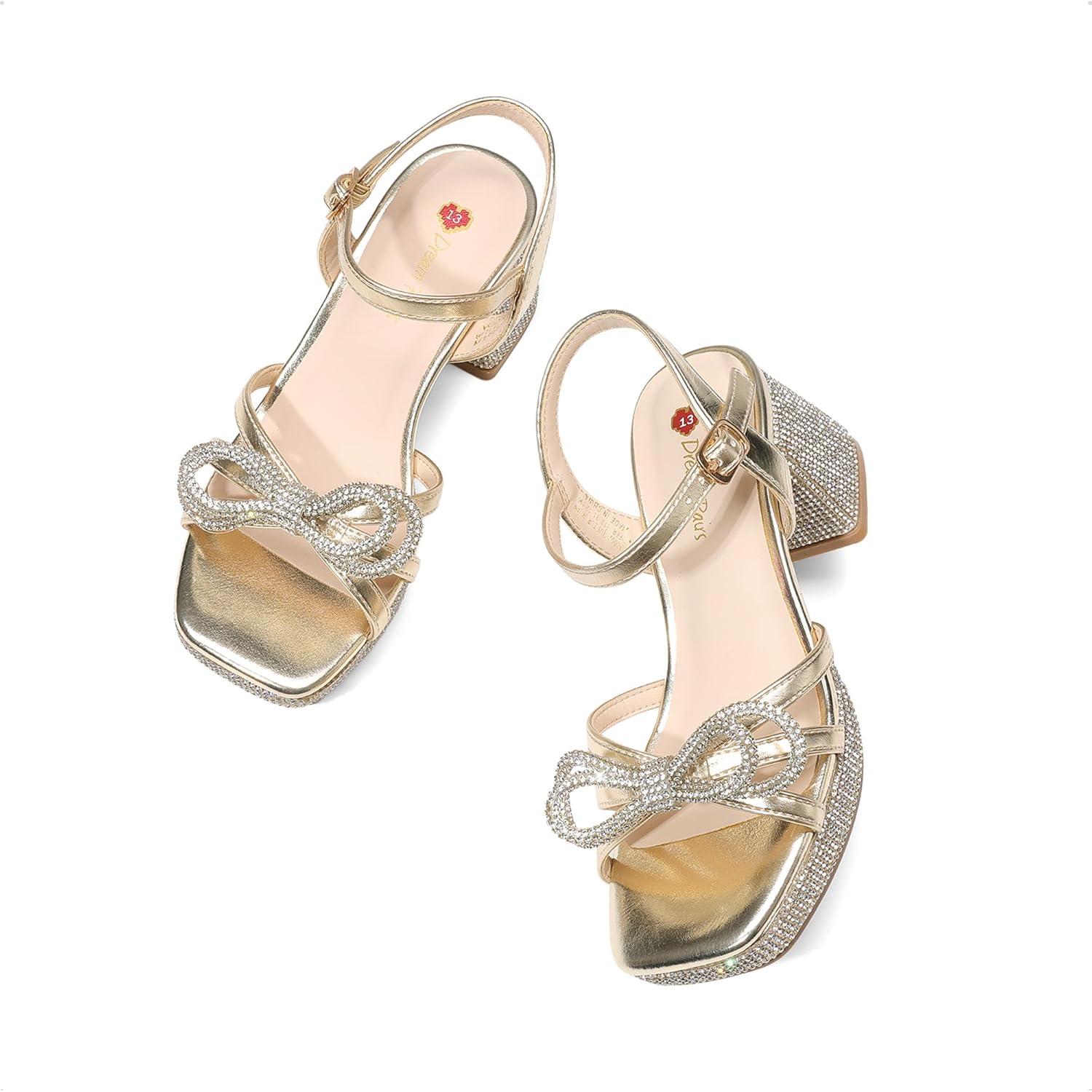 image:imageDREAM PAIRS Girls Sandals Open Toe Low Block Chunky Heels Sandals Bow Flower Party Dress Pumps Shoes for Little Big KidGoldmetallic