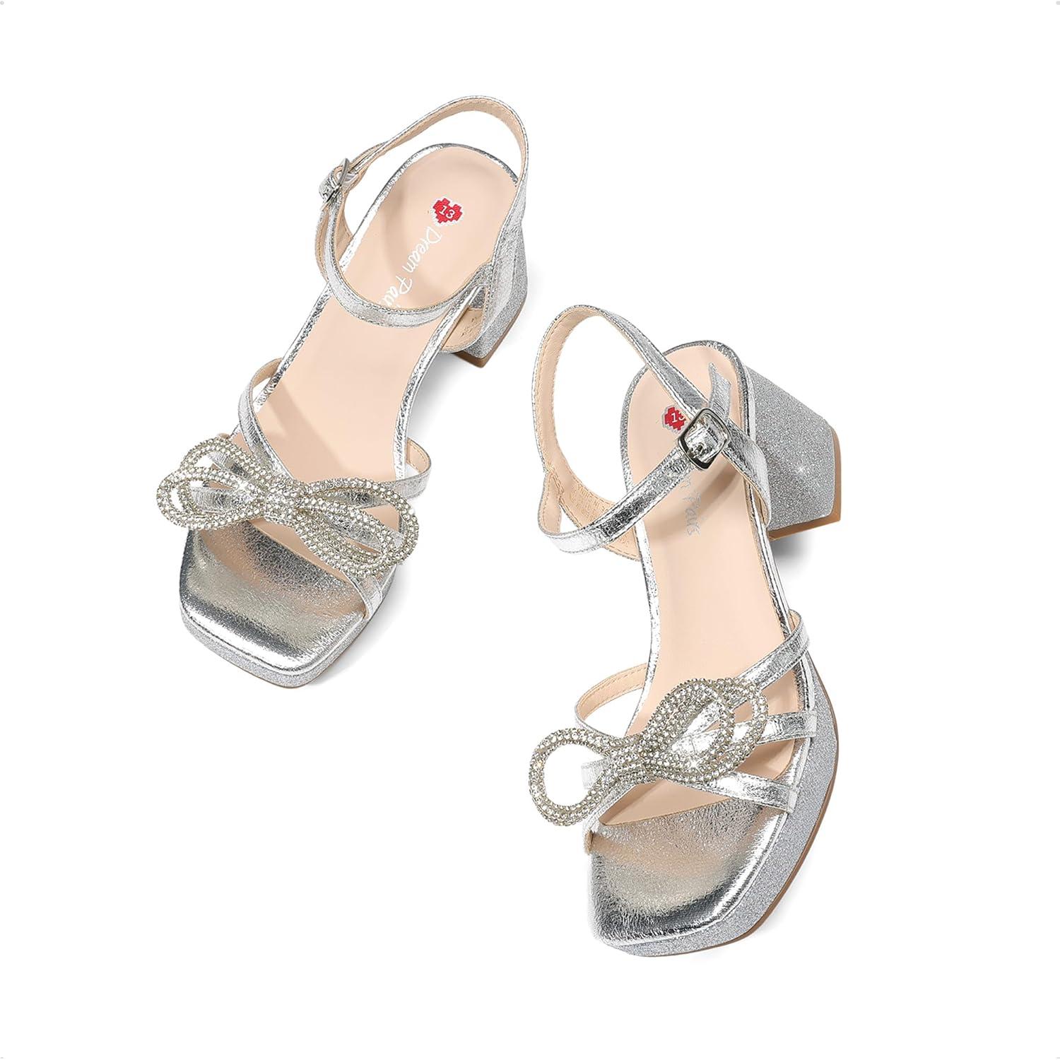 image:imageDREAM PAIRS Girls Sandals Open Toe Low Block Chunky Heels Sandals Bow Flower Party Dress Pumps Shoes for Little Big KidSilver
