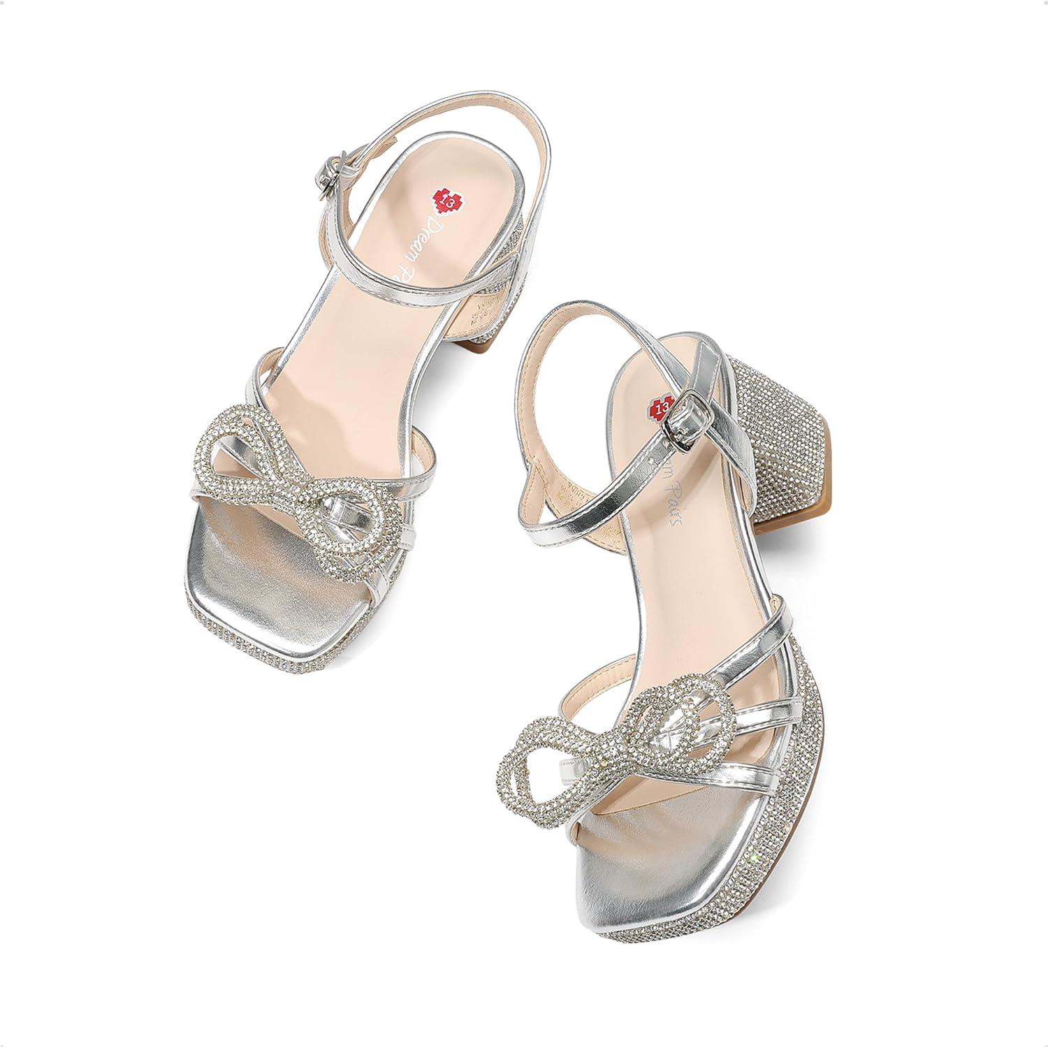 image:imageDREAM PAIRS Girls Sandals Open Toe Low Block Chunky Heels Sandals Bow Flower Party Dress Pumps Shoes for Little Big KidSilvermetallic
