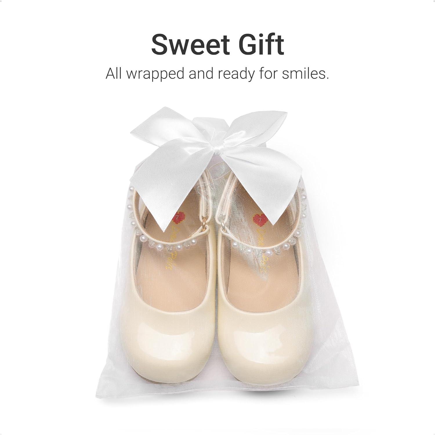 image:imageDREAM PAIRS Toddler Little Girls Dress Shoes Flower Girl Mary Jane Ballet Flat Shoes with Pearl Ankle Strap amp Satin Bow for WeddingPartyIvory