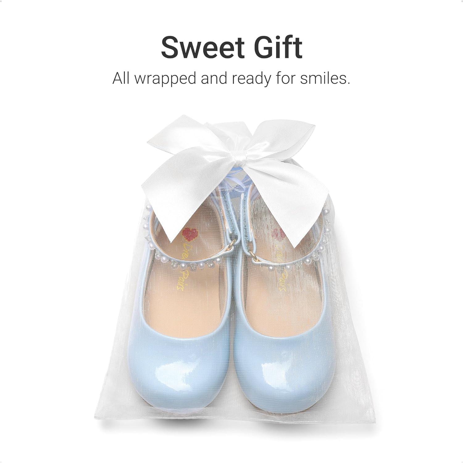 image:imageDREAM PAIRS Toddler Little Girls Dress Shoes Flower Girl Mary Jane Ballet Flat Shoes with Pearl Ankle Strap amp Satin Bow for WeddingPartyLight Blue