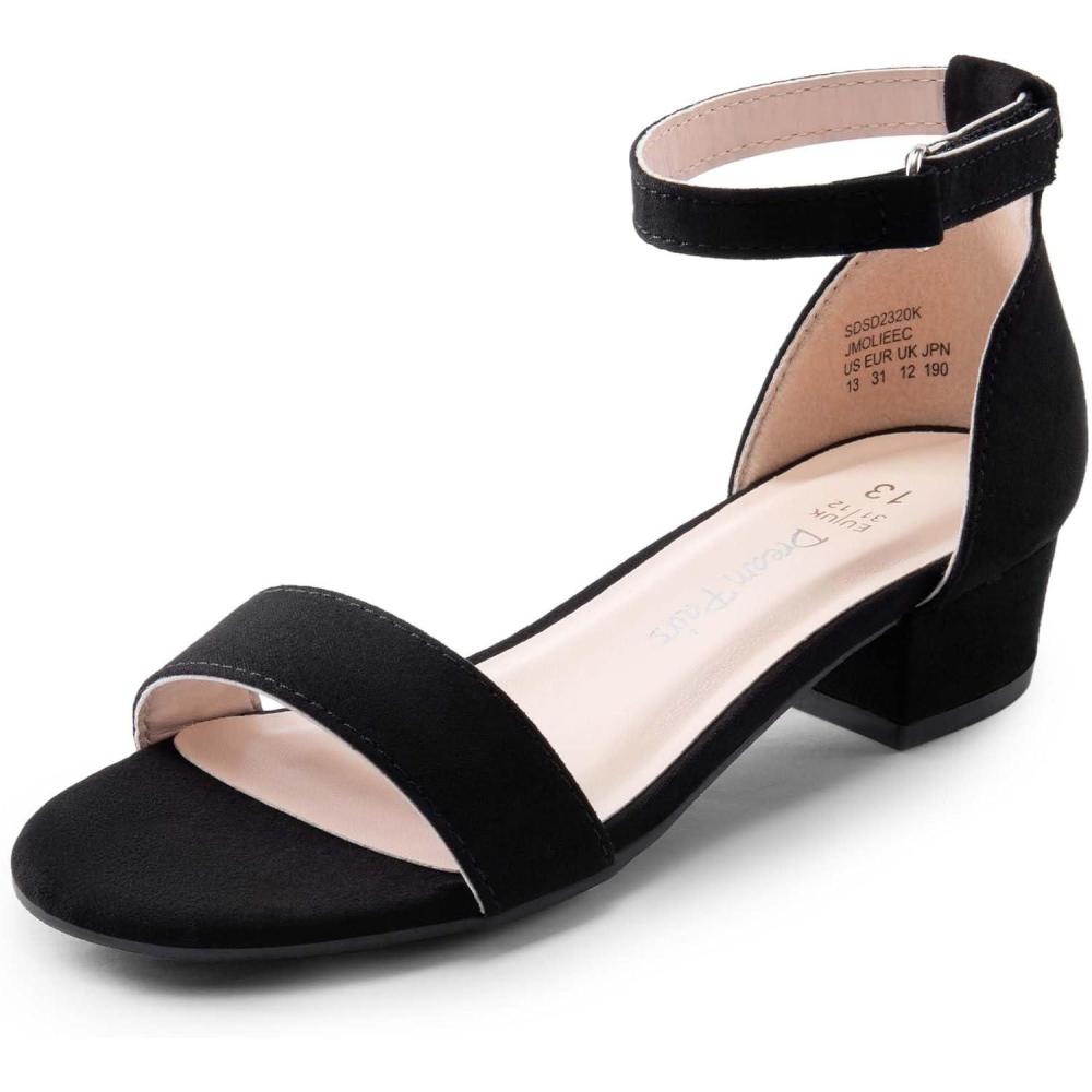 image:imageDREAM PAIRS Girls Sandals Low Heel Dress Pump Ankle Strap Flower Wedding Party Shoes for Little KidBig KidBlacksuede