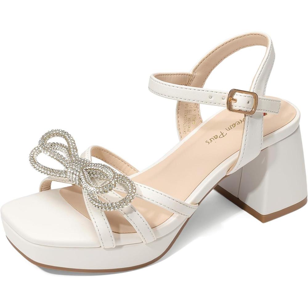image:imageDREAM PAIRS Girls Sandals Open Toe Low Block Chunky Heels Sandals Bow Flower Party Dress Pumps Shoes for Little Big KidWhite