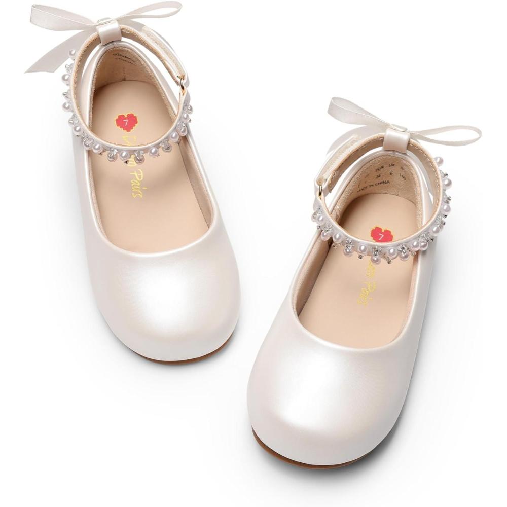 image:imageDREAM PAIRS Toddler Little Girls Dress Shoes Flower Girl Mary Jane Ballet Flat Shoes with Pearl Ankle Strap amp Satin Bow for WeddingPartyWhite