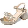 DREAM PAIRS Girls Sandals Open Toe Low Block Chunky Heels Sandals Bow Flower Party Dress Pumps Shoes for Little Big Kid(Gold-metallic)