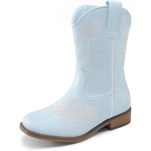 DREAM PAIRS Girls Cowboy Boots Floral Embroidered Classic Western Cowgirl Boots Square Toe Mid Calf Side Zipper Horsing Party Toddler/Little/Big Kids(Light Blue)