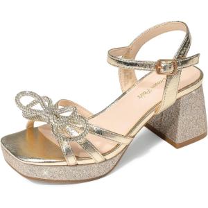 DREAM PAIRS Girls Sandals Open Toe Low Block Chunky Heels Sandals Bow Flower Party Dress Pumps Shoes for Little Big Kid(Gold-glitter)