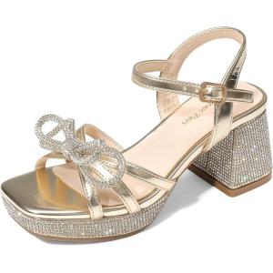 DREAM PAIRS Girls Sandals Open Toe Low Block Chunky Heels Sandals Bow Flower Party Dress Pumps Shoes for Little Big Kid(Gold-metallic)