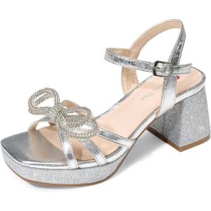 DREAM PAIRS Girls Sandals Open Toe Low Block Chunky Heels Sandals Bow Flower Party Dress Pumps Shoes for Little Big Kid(Silver)