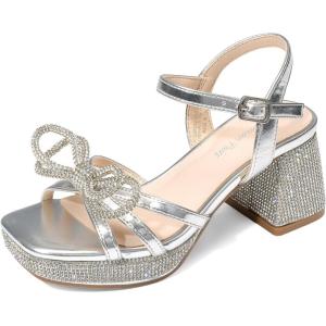 DREAM PAIRS Girls Sandals Open Toe Low Block Chunky Heels Sandals Bow Flower Party Dress Pumps Shoes for Little Big Kid(Silver-metallic)