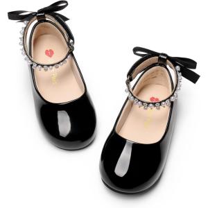 DREAM PAIRS Toddler Little Girls Dress Shoes Flower Girl Mary Jane Ballet Flat Shoes with Pearl Ankle Strap & Satin Bow for Wedding/Party(Black)
