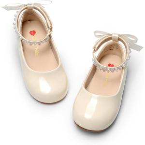 DREAM PAIRS Toddler Little Girls Dress Shoes Flower Girl Mary Jane Ballet Flat Shoes with Pearl Ankle Strap & Satin Bow for Wedding/Party(Ivory)