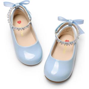 DREAM PAIRS Toddler Little Girls Dress Shoes Flower Girl Mary Jane Ballet Flat Shoes with Pearl Ankle Strap & Satin Bow for Wedding/Party(Light Blue)